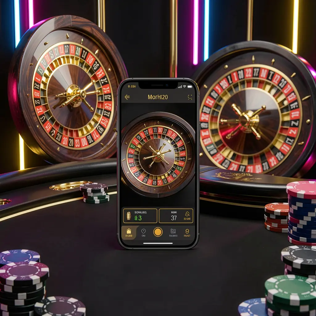 Mobile casino application scene featuring a phone in the center with a roulette wheel and poker chips in the background, glowing neon lights, premium black and gold style by 62JI
