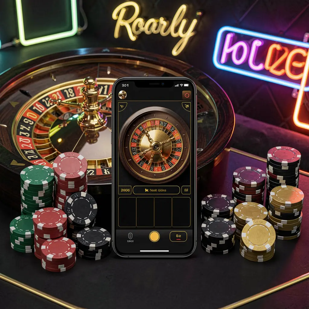 62JI mobile casino application scene featuring a phone in the center with a roulette wheel and poker chips in the background, illuminated by glowing neon lights in a premium black and gold style