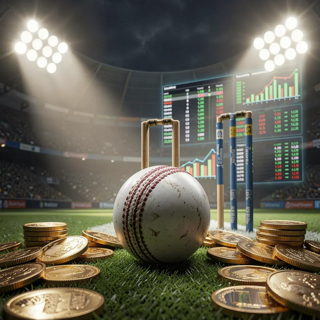 62JI cricket betting page background featuring a cricket ball in the foreground with wickets behind, dramatic stadium floodlights illuminating the scene, golden coins, and glowing data charts representing betting statistics