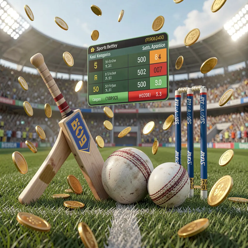 Realistic 3D illustration of a cricket bat, cricket ball, and wickets on stadium grass with floating betting odds interface and golden coins flying, showcasing 62JI sports betting page visual