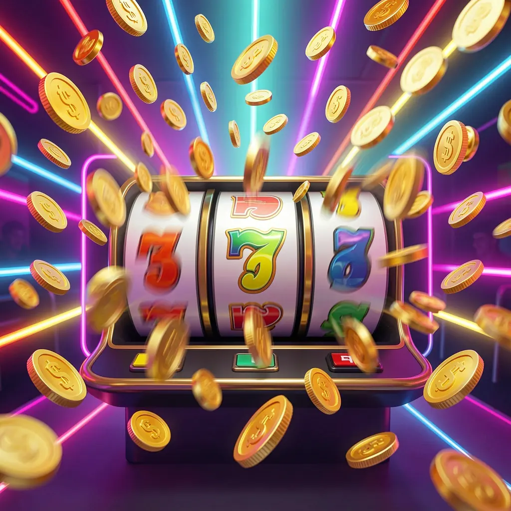 Exciting 62JI free spins casino scene featuring slot machine reels spinning with golden coins flying everywhere under colorful neon lights in a premium 3D illustration