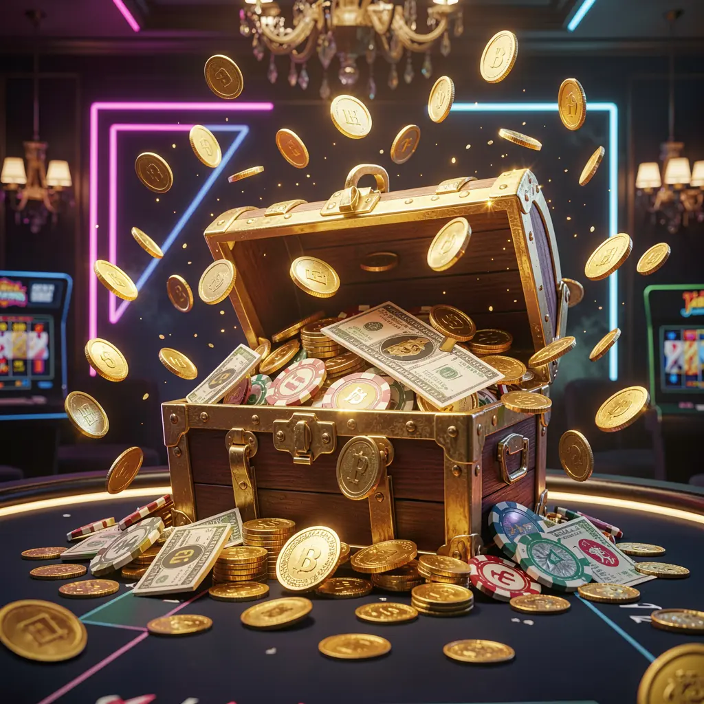 62JI premium online casino bonus hero banner featuring golden coins flying in the air and a glowing treasure chest full of chips and cash against a luxury dark background with neon accents, creating a festive and elegant casino atmosphere with cinematic 3D realistic lighting