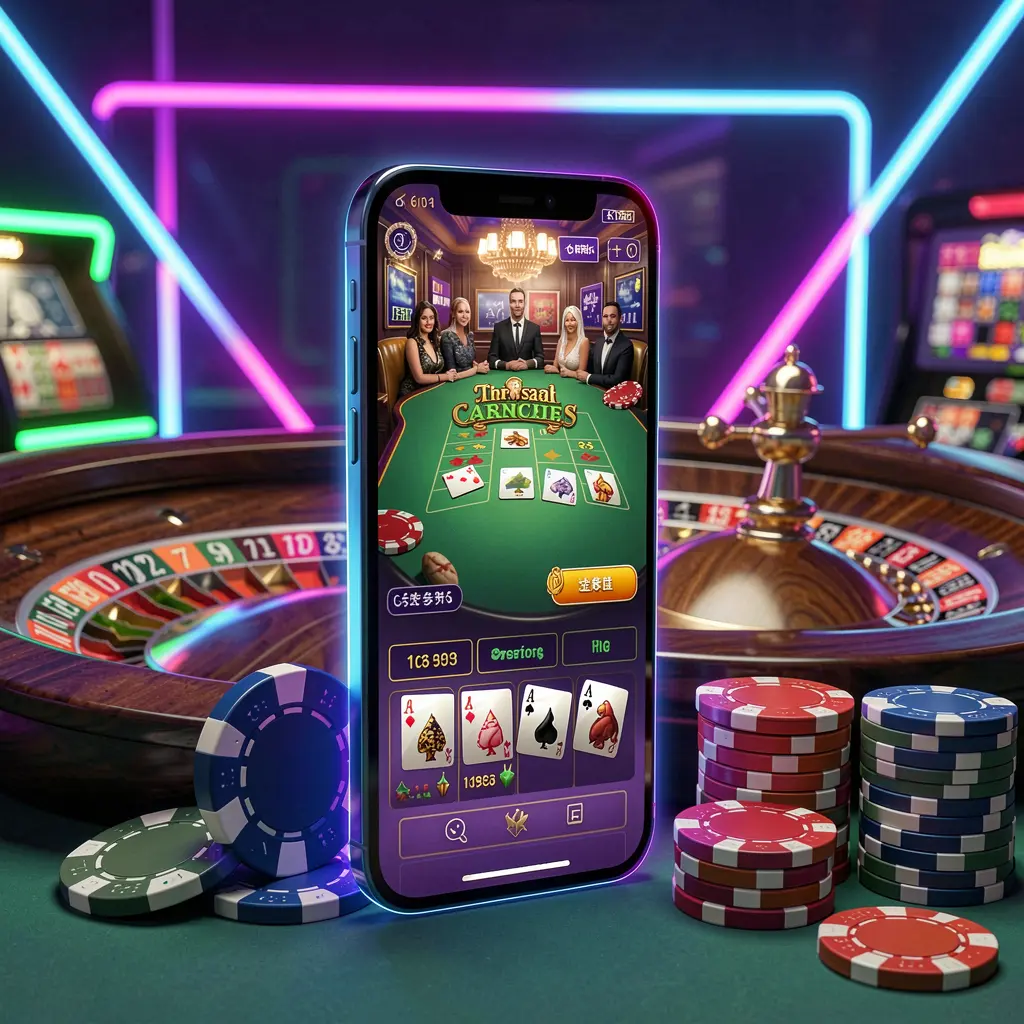 62JI online casino platform concept displayed on a smartphone with a glowing casino interface featuring a roulette wheel and poker chips, set against a premium neon background in a 3D realistic render