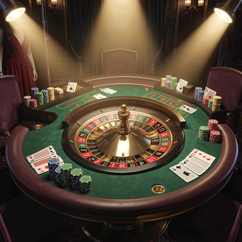 62JI live casino scene featuring a roulette table, playing cards, and chips under glowing spotlights with a dark elegant background in a cinematic 3D style