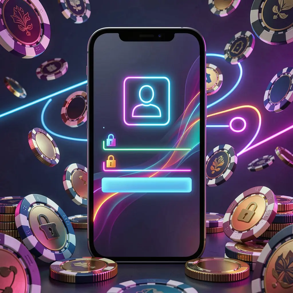 62JI mobile gaming login page concept on smartphone with abstract user and lock icons, surrounded by casino chips and coins under luxury neon lighting 62JI mobile gaming login page concept on smartphone with abstract user and lock icons, surrounded by casino chips and coins under luxury neon lighting