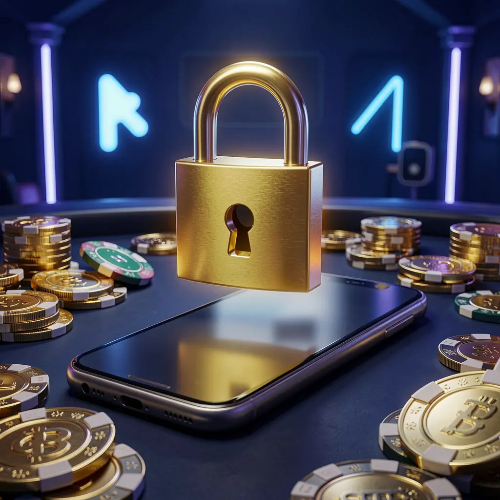 62JI casino login security image featuring a glowing padlock floating above a smartphone with golden coins and chips scattered around on a dark blue neon background in a premium realistic 3D render 62JI casino login security image featuring a glowing padlock floating above a smartphone with golden coins and chips scattered around on a dark blue neon background in a premium realistic 3D render
