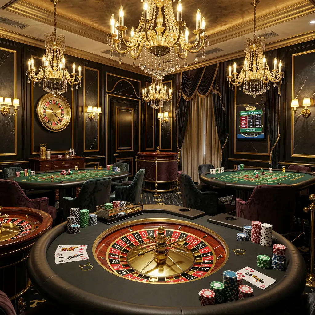 62JI luxury online casino lobby scene featuring glowing roulette tables, golden lights, poker chips and cards in a premium black and gold design with a cinematic realistic render